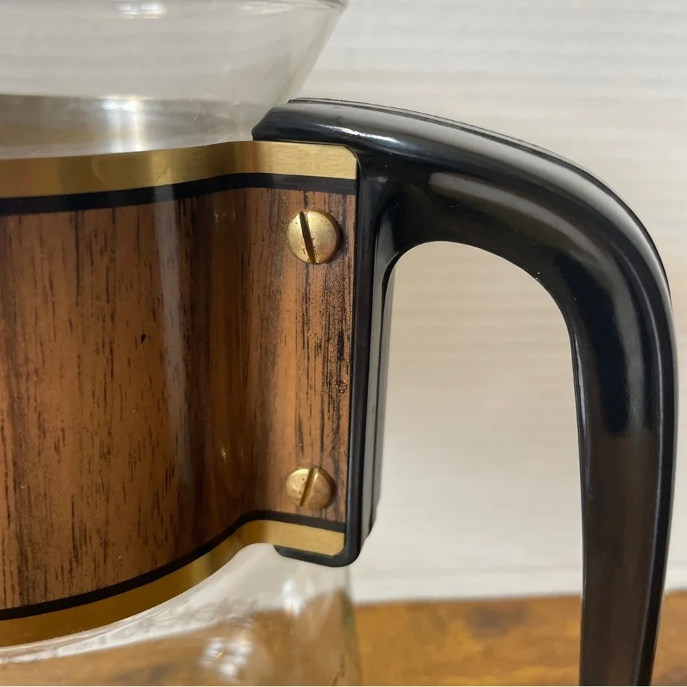 VTG Cory Glass 8c Coffee Pot Carafe Pitcher‎ Wood Grain Gold DGPL5 Retro 70s 80s